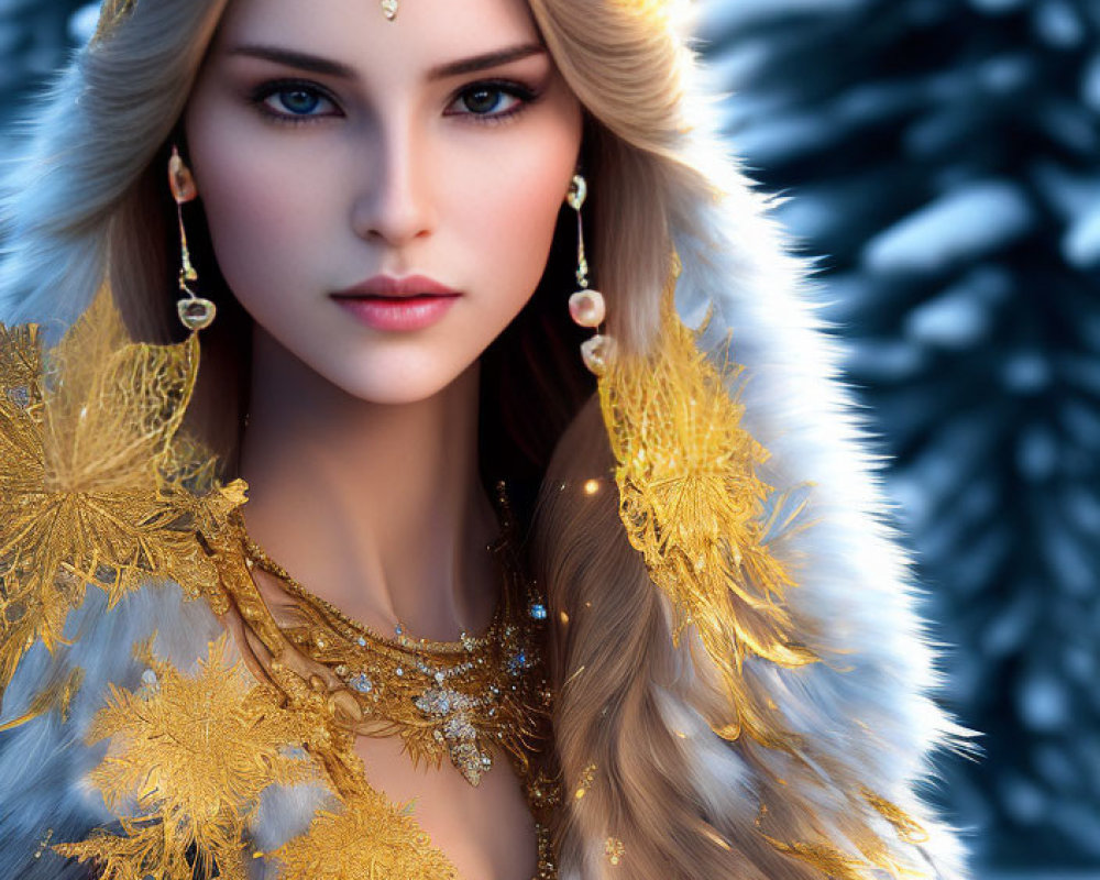 Blond-haired woman in gold crown and fur cloak in snowy forest