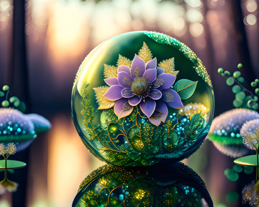 Translucent sphere with golden geometric pattern and purple flower on bokeh background