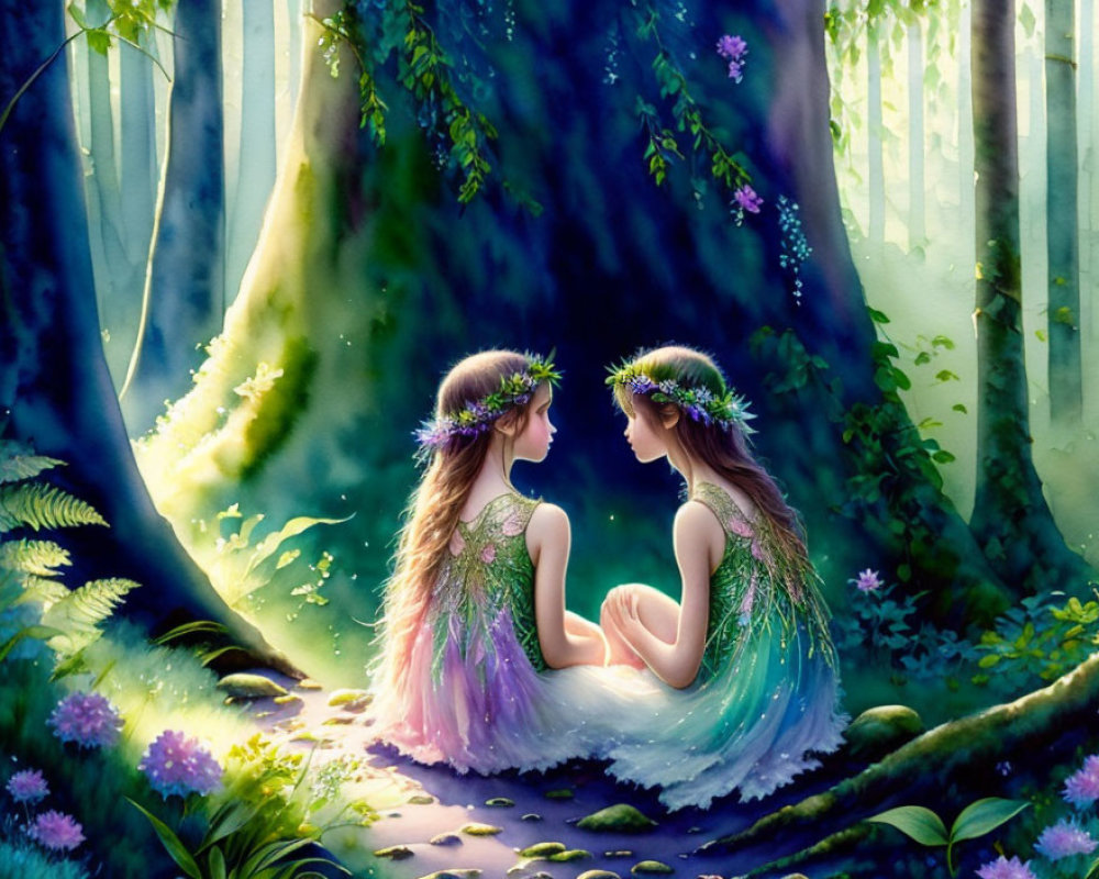 Two fairy-like girls with flower crowns in a mystical forest with filtered light.