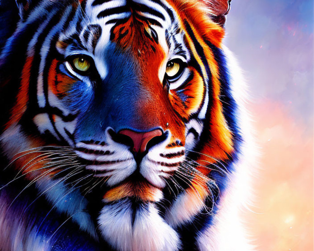 Colorful digital artwork: Tiger with cosmic fur pattern in starry sky
