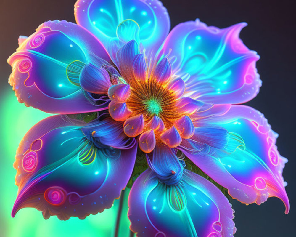 Vibrant neon blue and purple digital flower on green and black backdrop