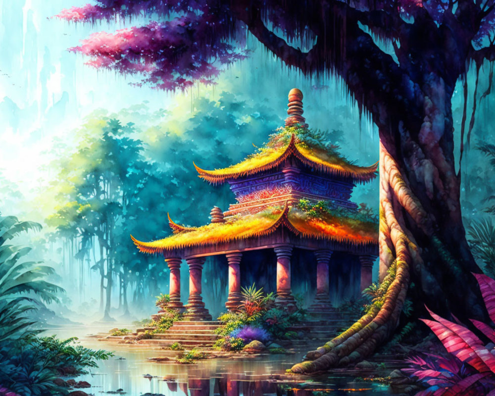 Mystical pagoda in colorful forest with serene pond