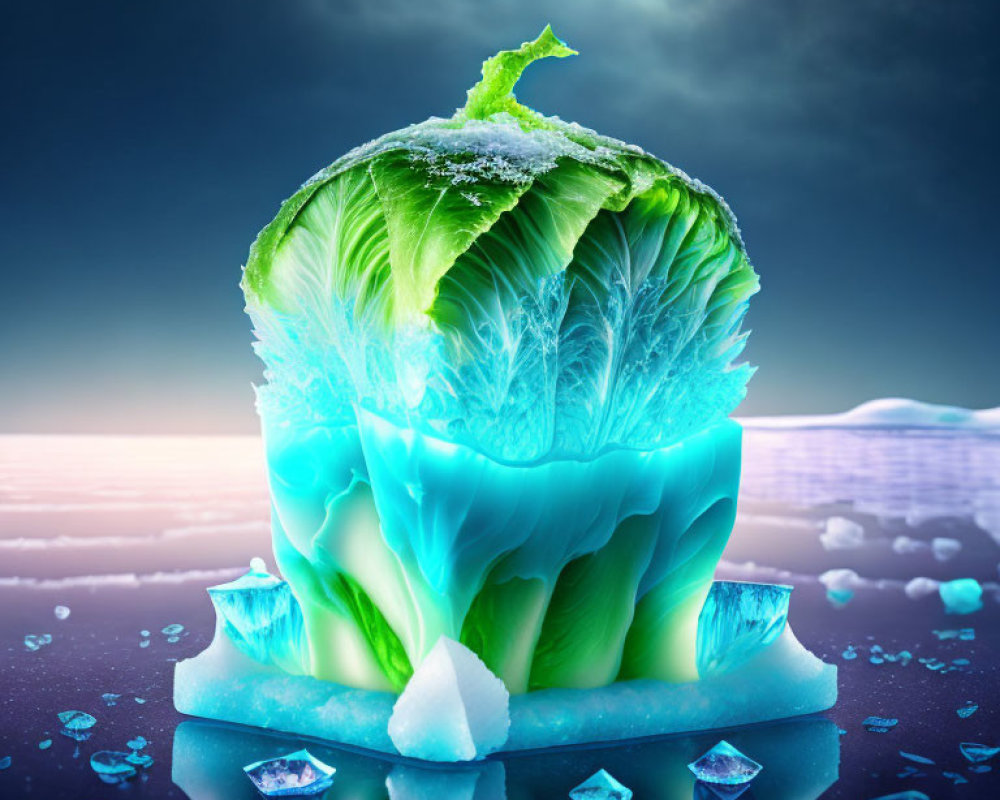 Cabbage and iceberg fusion in illuminated twilight scene