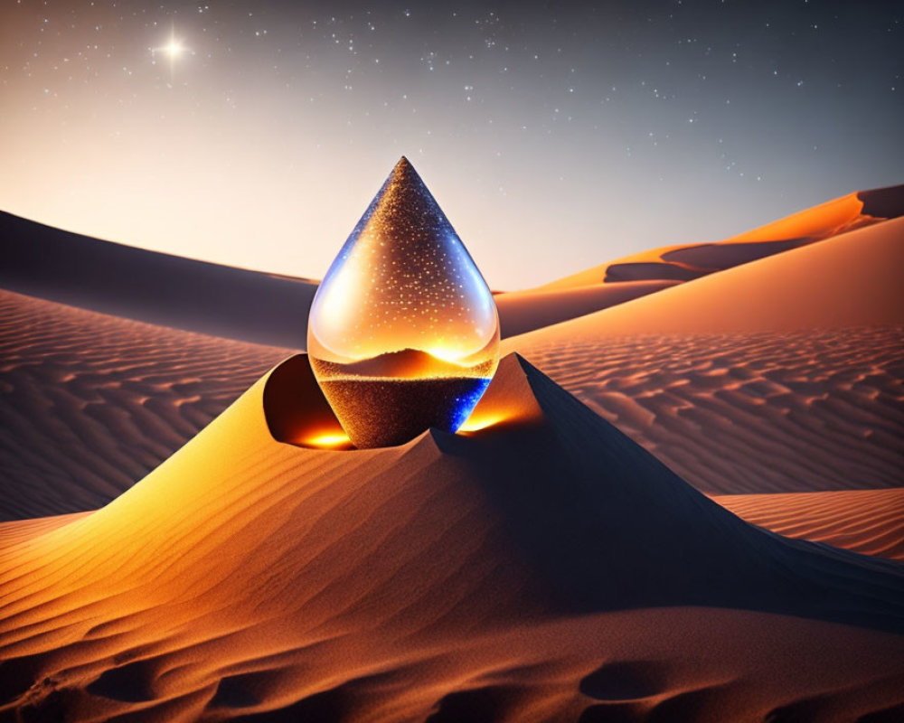 Luminous Tear-Shaped Glass Object on Sand Dune at Twilight