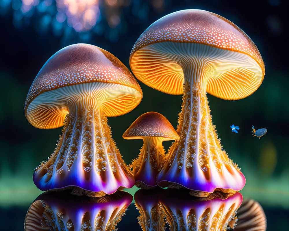 Fantastical Mushrooms with Vibrant Colors and Illuminated Gills