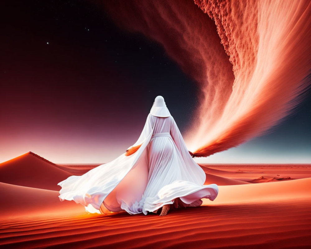 Person in flowing white dress in red desert with dramatic rock formation under dusky sky