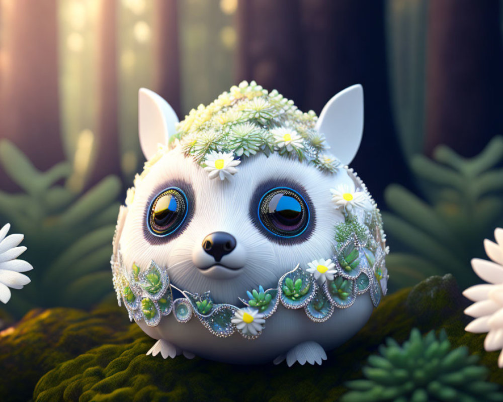 Round creature with expressive eyes and floral crown in sunlit forest