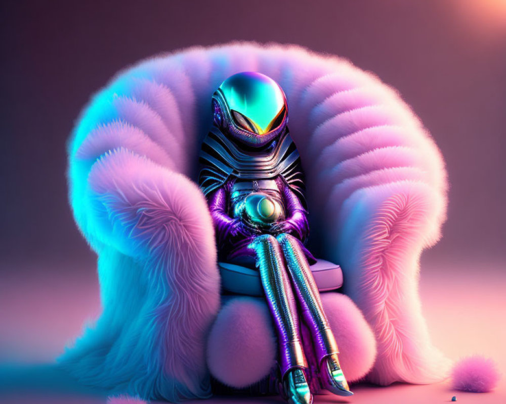 Futuristic robotic figure in pink chair with illuminated edges