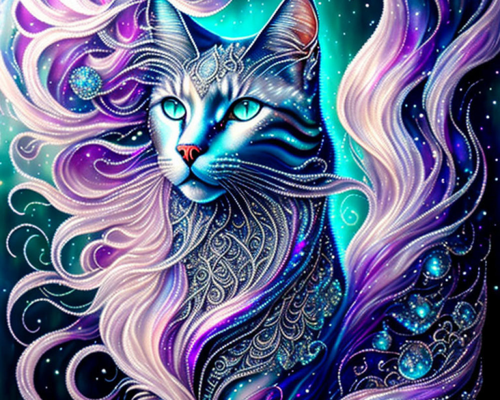 Majestic cat illustration with cosmic pattern and silver markings