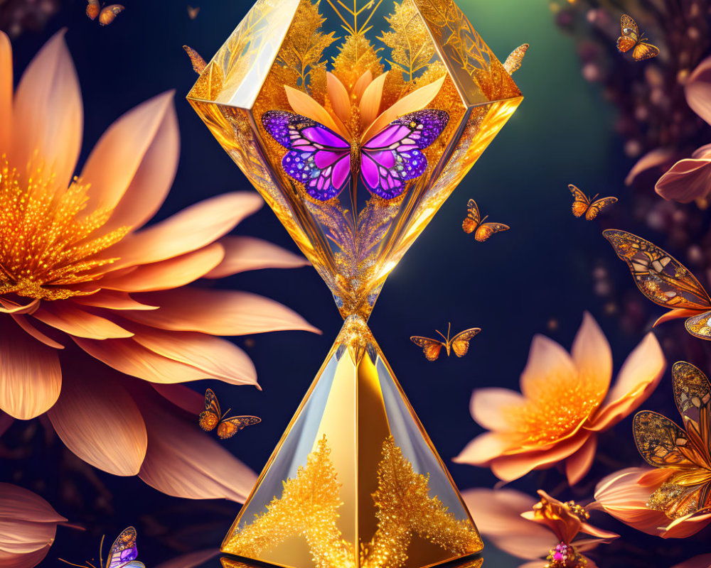 Intricate golden hourglass with orange flowers and purple butterflies