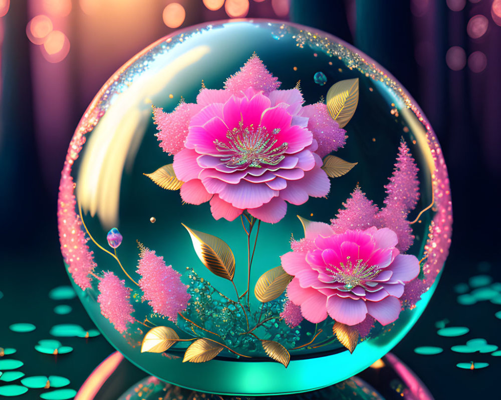 Crystal ball with pink flowers and golden leaves in mystical forest setting