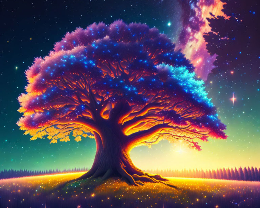 Colorful digital artwork: Mystical tree under starry sky
