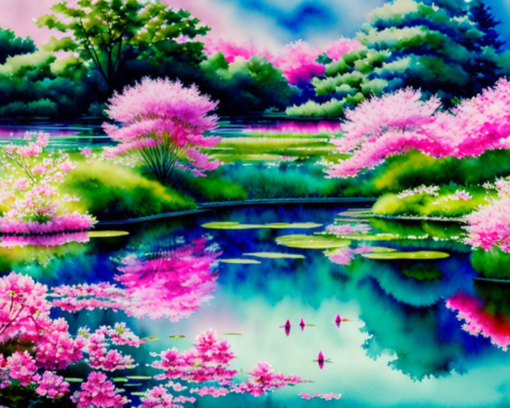 Colorful Painting of Serene Landscape with Pink Flowering Trees, Greenery, and Reflective Lake