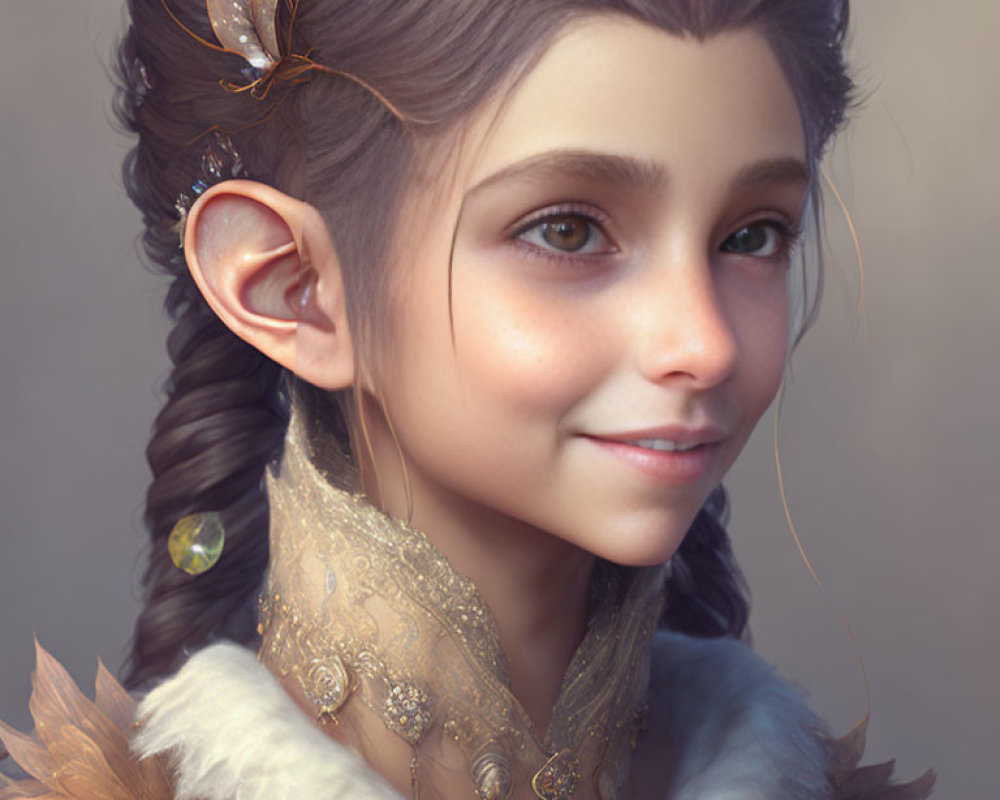 Smiling young girl with elf-like ears in ornate clothing portrait