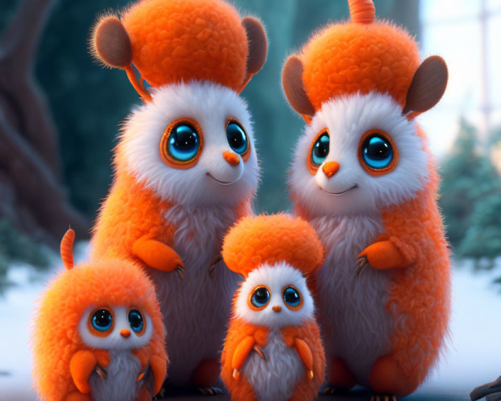 Four fluffy orange creatures with large eyes in forest setting