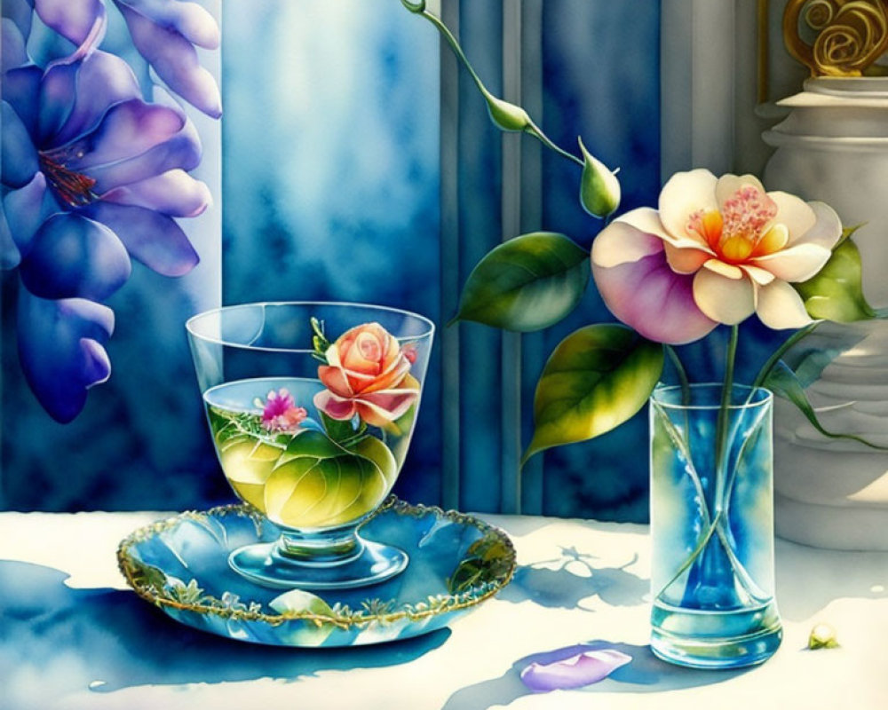 Colorful painting of transparent cup, rose motif, plate, vase with flower, window curtains, and