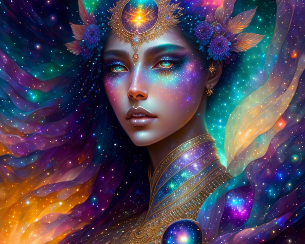 Cosmic-themed mystical figure with galaxy makeup and nebula aura