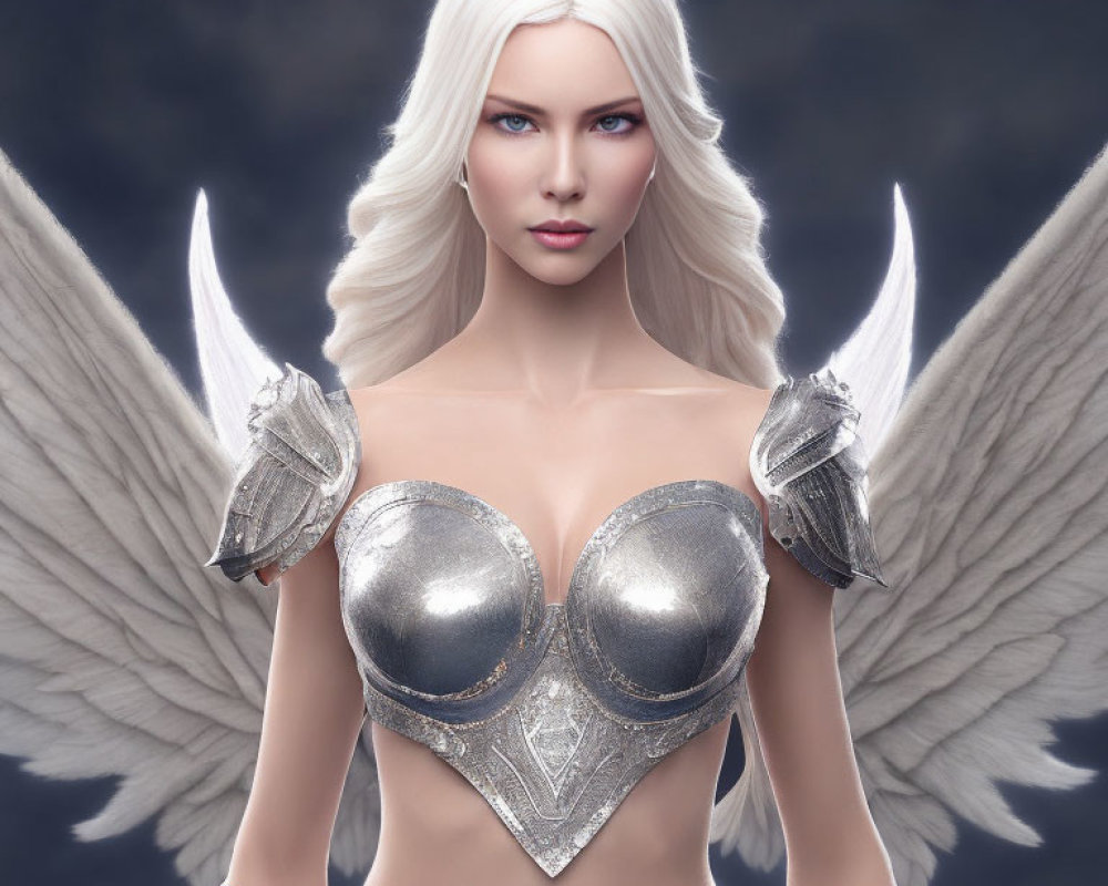 Digital artwork: Female figure with angelic wings, platinum blonde hair, metallic armor, dark background
