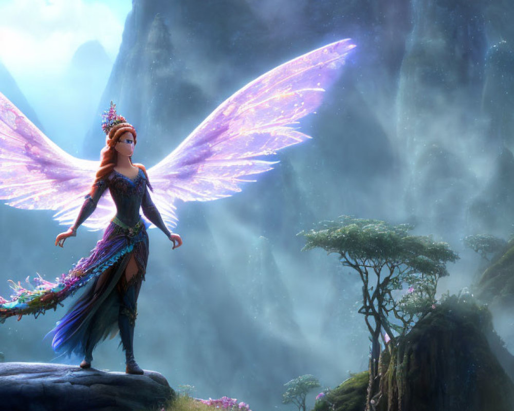 Majestic fairy with pink wings in mystical forest