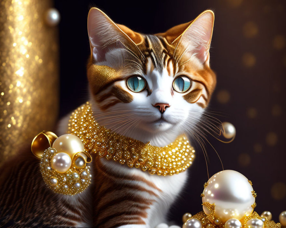 Digital artwork of cat with blue eyes, gold collar, bubbles, pearls on dark backdrop