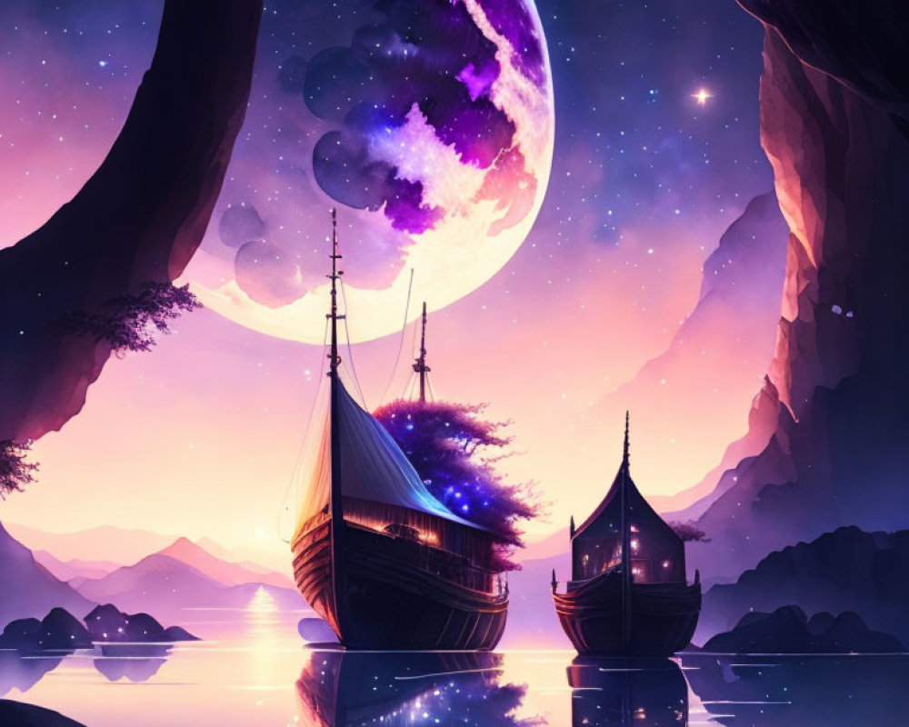 Ancient sailboats on reflective lake under purple sky