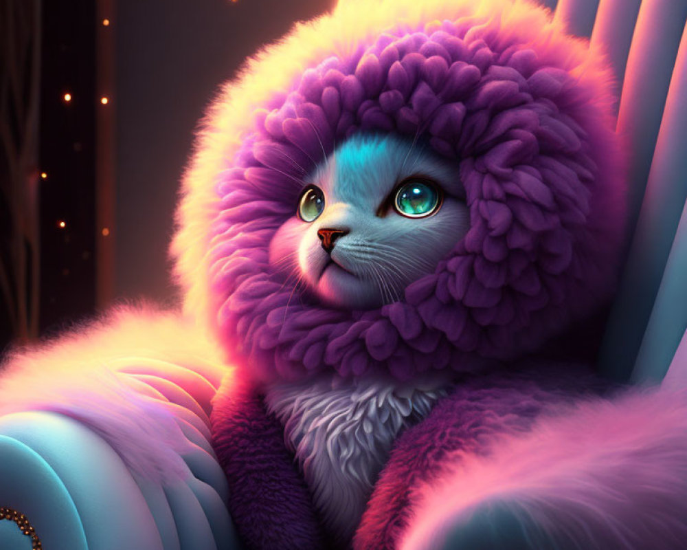Fluffy cat with purple mane and blue eyes by window with star lights