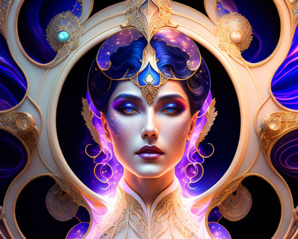 Mystical female figure with blue skin and galaxy hair in ornate golden setting