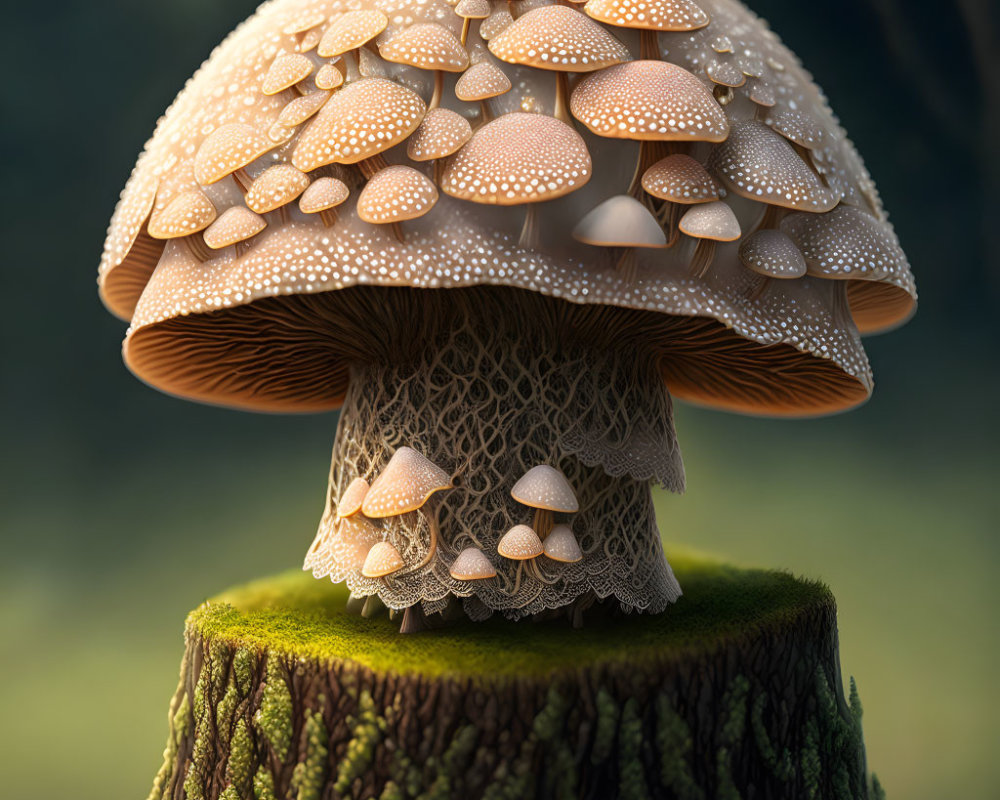 Detailed digital illustration of mushroom on moss-covered stump in forest