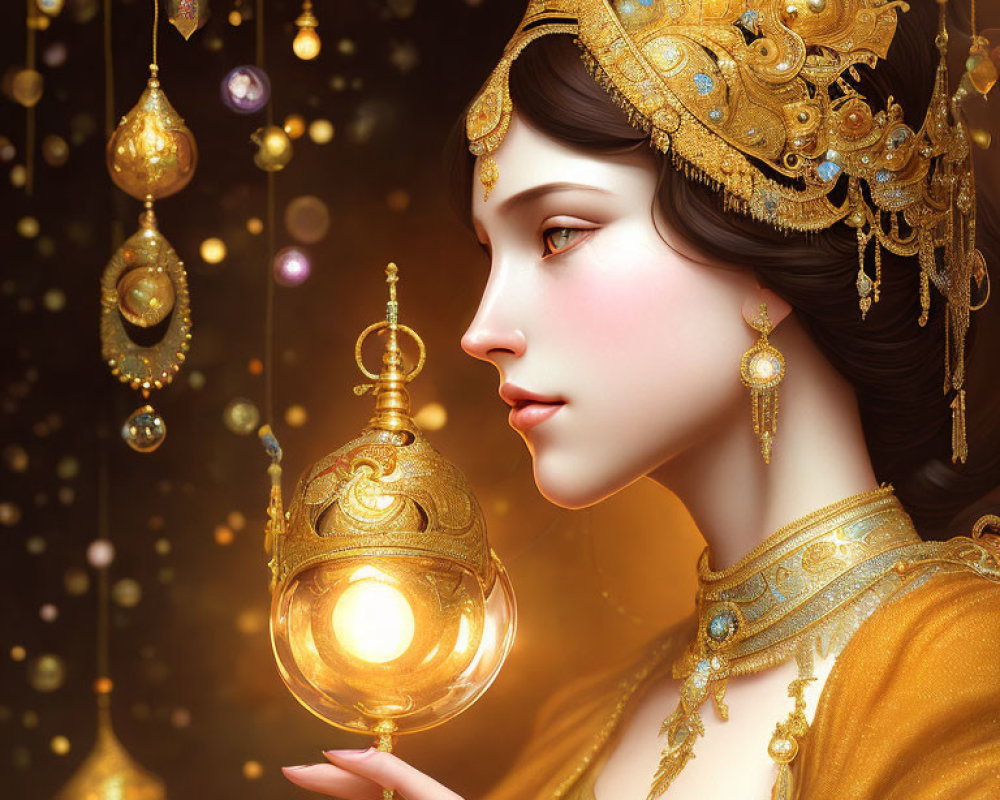 Intricate golden jewelry adorned woman with ornamental lantern and luminescent beads.