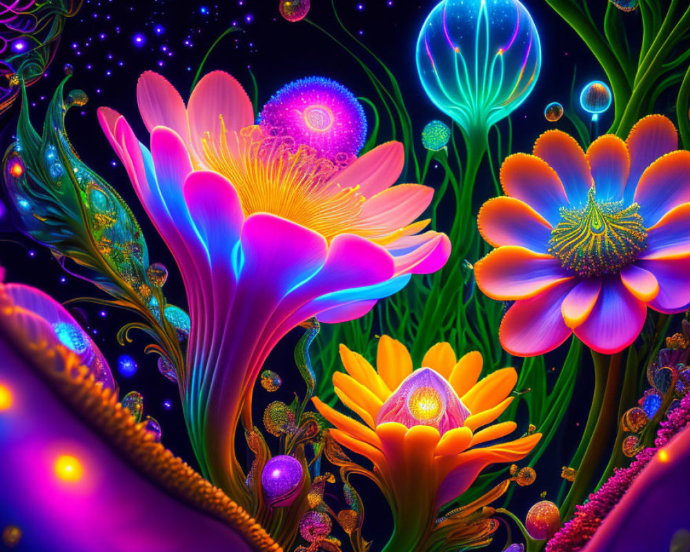 Neon-colored digital artwork of fantastical underwater scene