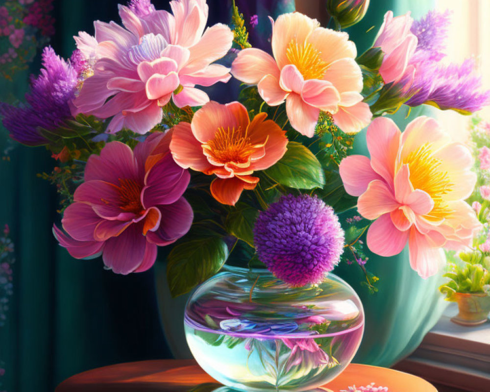 Colorful Flower Bouquet in Glass Vase on Wooden Table