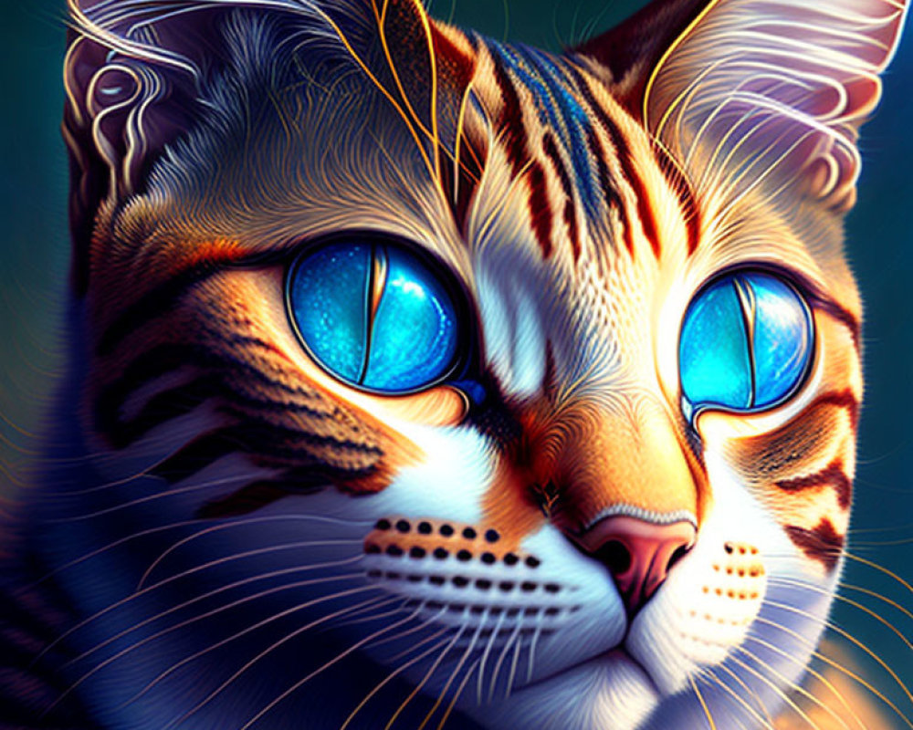 Vibrant digital artwork of a cat with blue eyes and orange stripes