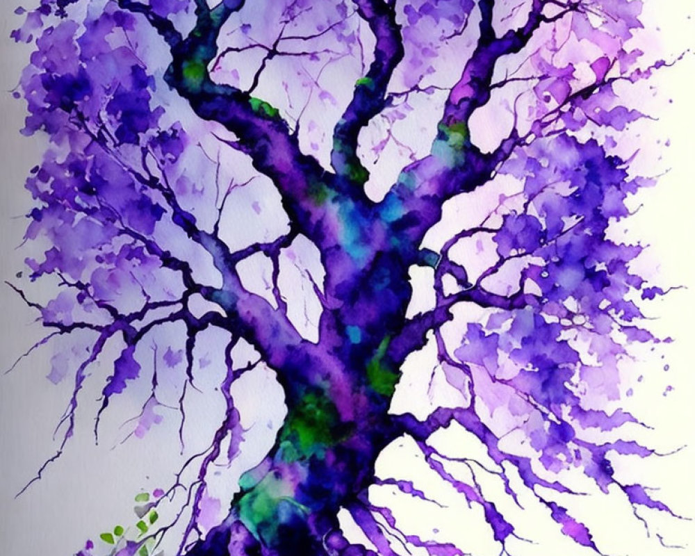 Colorful Watercolor Painting of Tree with Purple and Blue Abstract Leaves