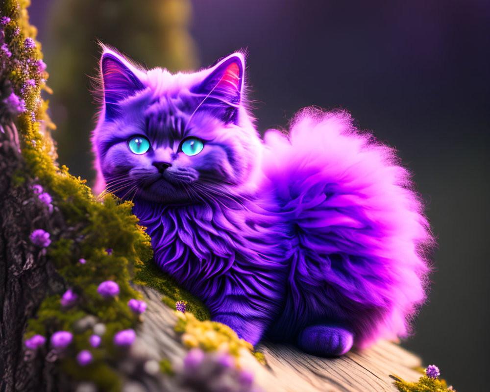 Colorful Fantasy Purple Cat with Blue Eyes on Mossy Tree Stump