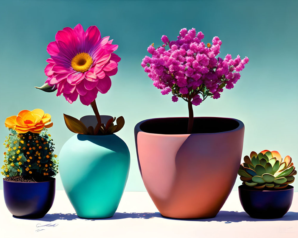 Colorful Potted Plants Painting with Yellow to Pink Flowers on Blue Background