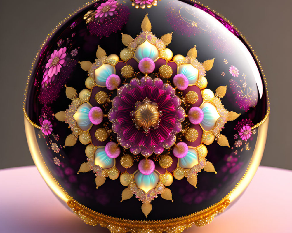 Intricate Gold and Purple Floral Sphere on Pink Surface
