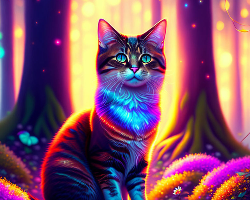 Colorful Digital Art: Neon Cat in Purple Forest Scene
