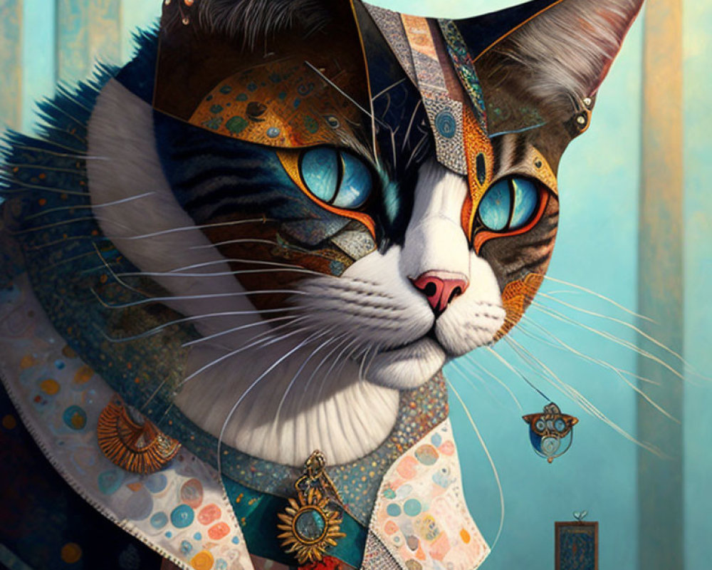 Detailed illustration of majestic cat with ornate patterns and regal attire.