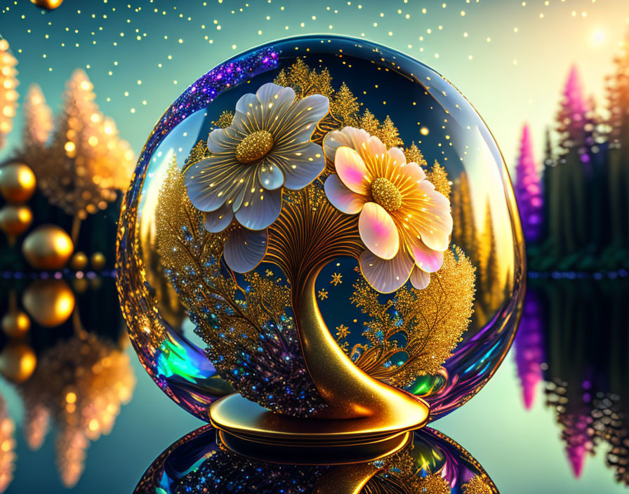 Colorful digital artwork: Translucent sphere with gold-trimmed flowers and intricate patterns in a fantast