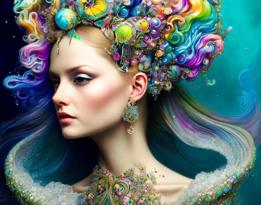 Colorful woman with cosmic and floral hair and intricate jewelry.
