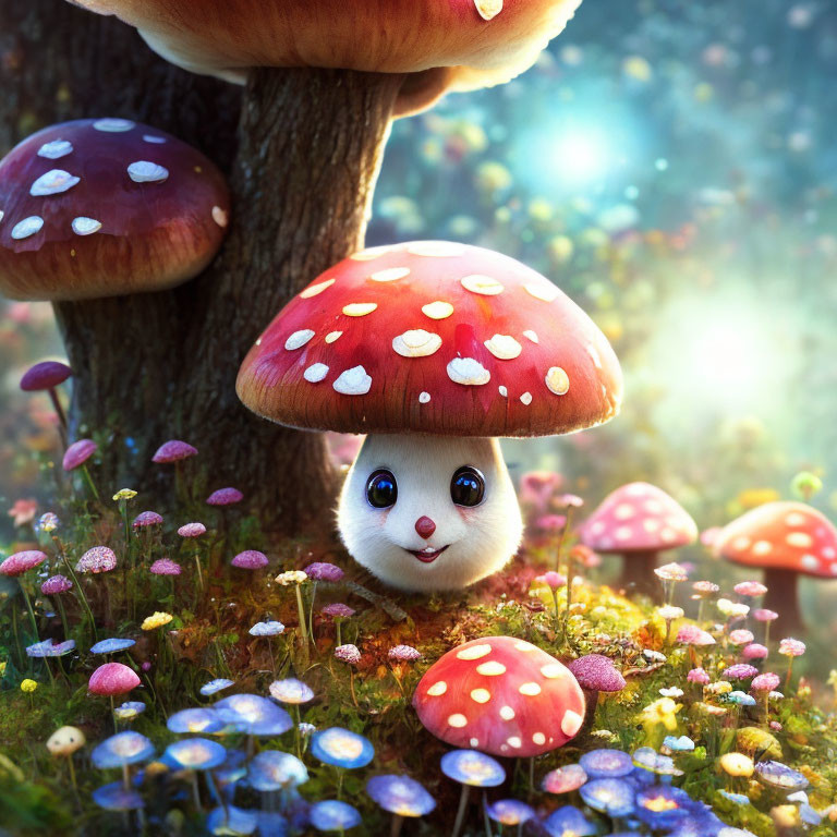 Whimsical illustration of cute creature under red mushroom in enchanting forest