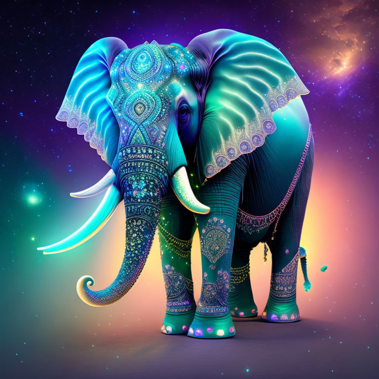 Colorful Elephant Illustration with Ornate Patterns on Cosmic Background