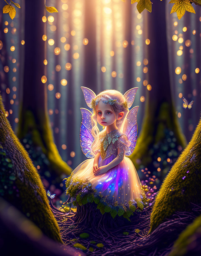 Radiant fairy with luminous wings in magical glade surrounded by butterflies