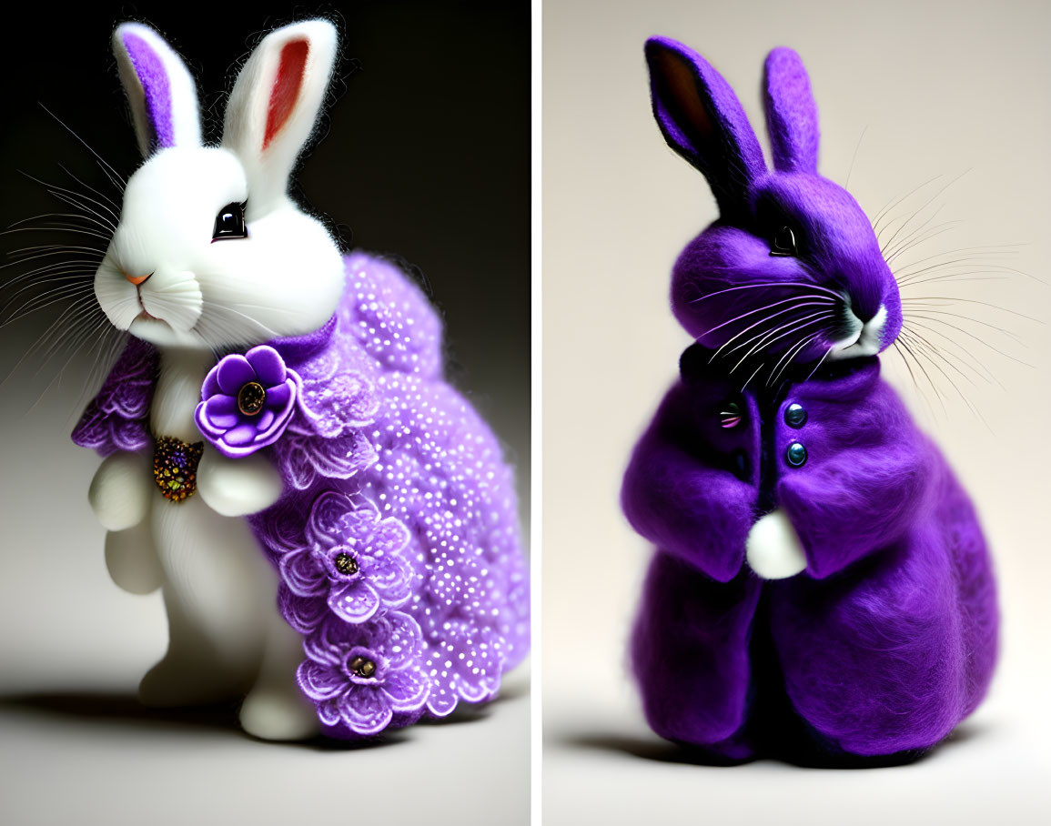 Stylized rabbit figurines: white with lavender flowers, purple with buttoned coat