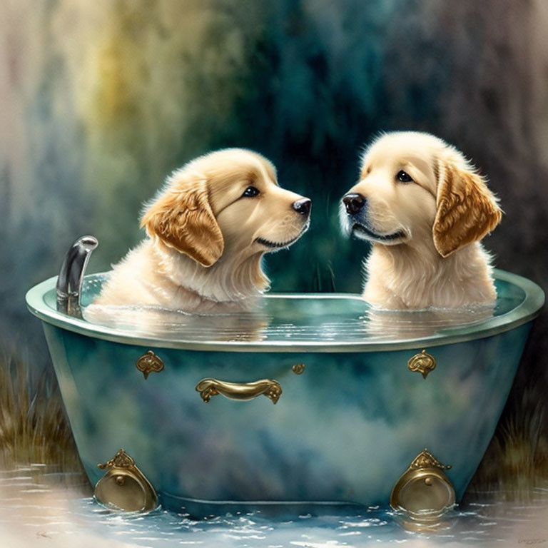Golden Retriever Puppies in Antique Bathtub with Misty Forest Background