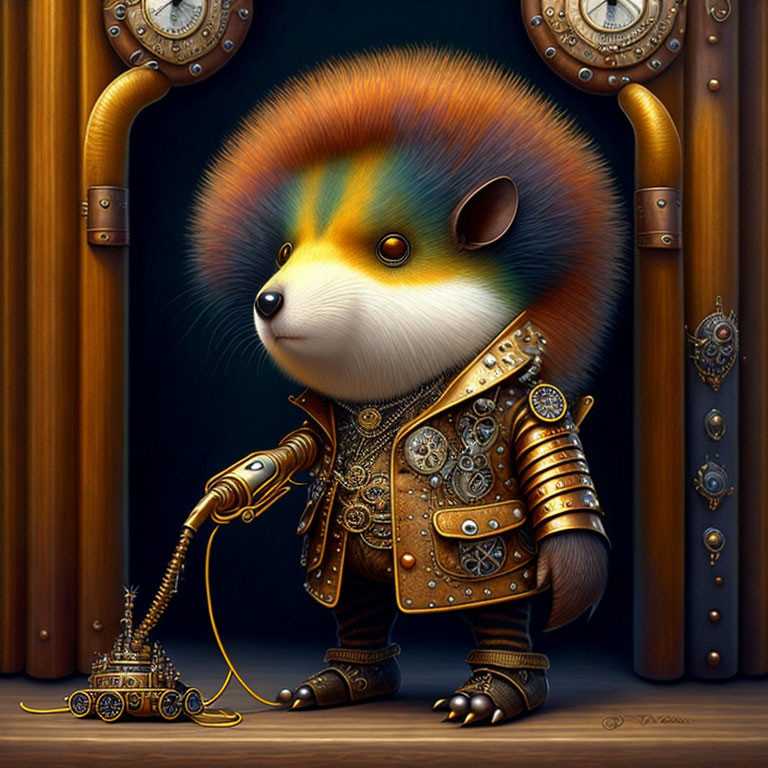 Steampunk-themed anthropomorphic hedgehog with cane and vintage clocks