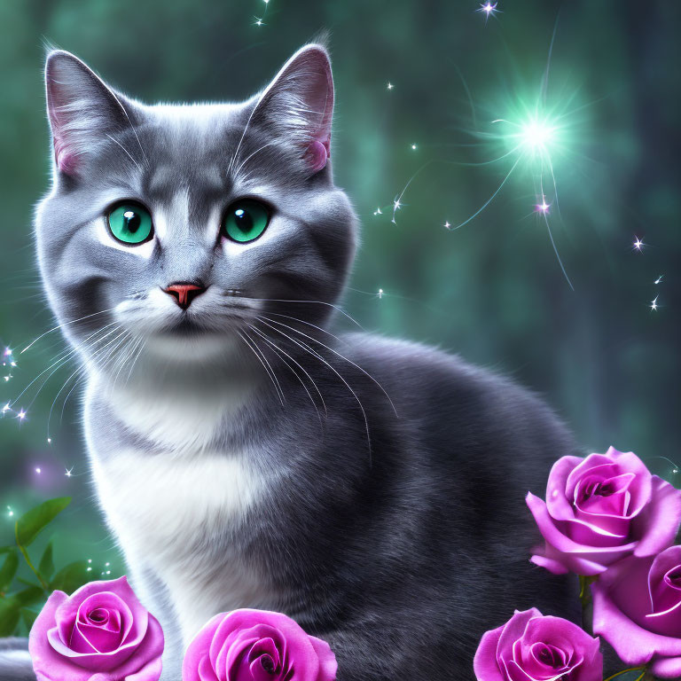 Silver-Gray Cat with Green Eyes Among Pink Roses and Twinkling Lights