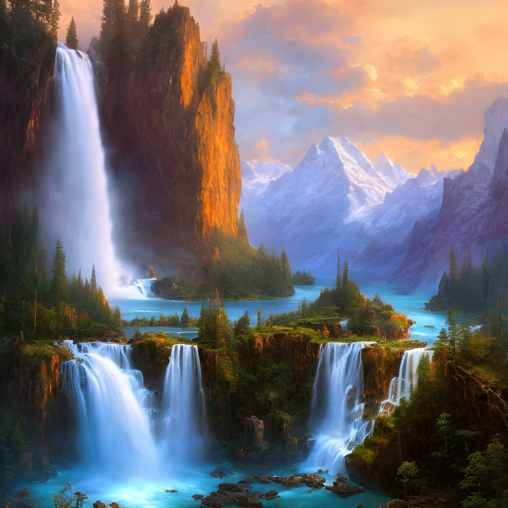 Scenic landscape with multiple waterfalls, serene river, cliffs, and mountains