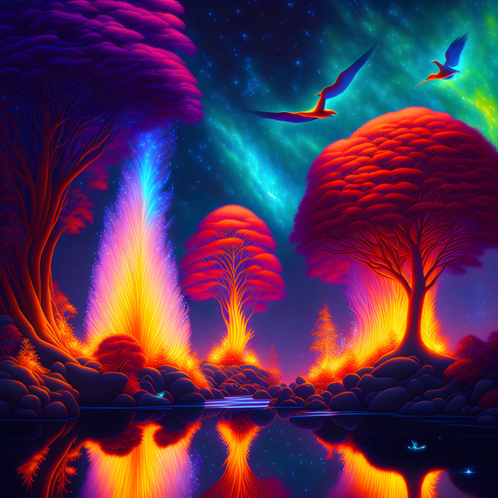 Colorful neon-lit fantasy landscape with glowing trees and starry sky