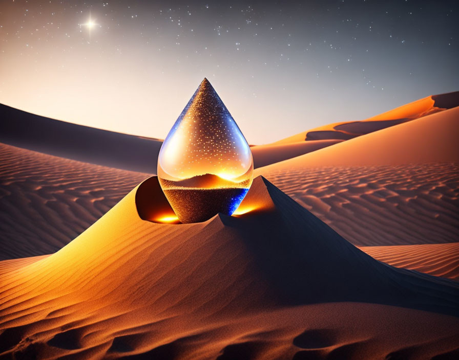 Luminous Tear-Shaped Glass Object on Sand Dune at Twilight